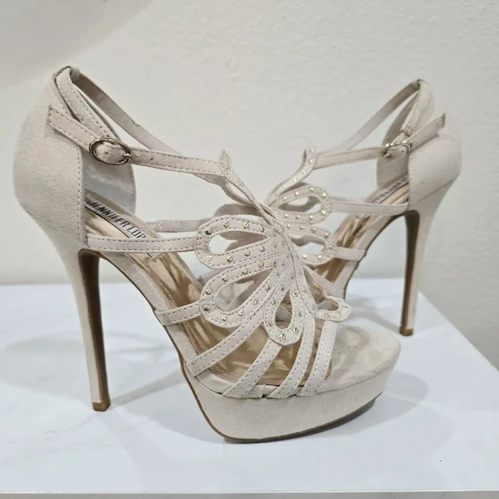 Jennifer Lopez ✦ Nude Suede Studded Cutout Platform Heels ✦ Ankle Strap 6 - Picture 7 of 12